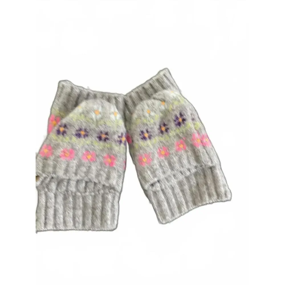 Free People Gray Knit Fingerless  Wool Gloves with Colorful Floral Pattern